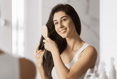 Happy young woman with thick brown hair brushes her hair in the bathroom mirror