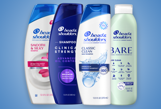 The leader brand in scalp care Head & Shoulders Smooth & Silky Shampoo, Clinical Strength Shampoo, Classic Clean Shampoo and Bare Minimal Ingredients Shampoo, all dermatologist trusted, in front of a blue background